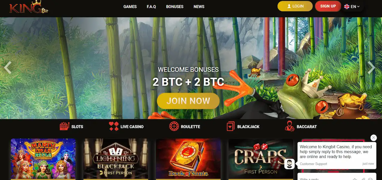 Startseite von Kingbit Casino mit Willkommensbonus und Spielekatalog